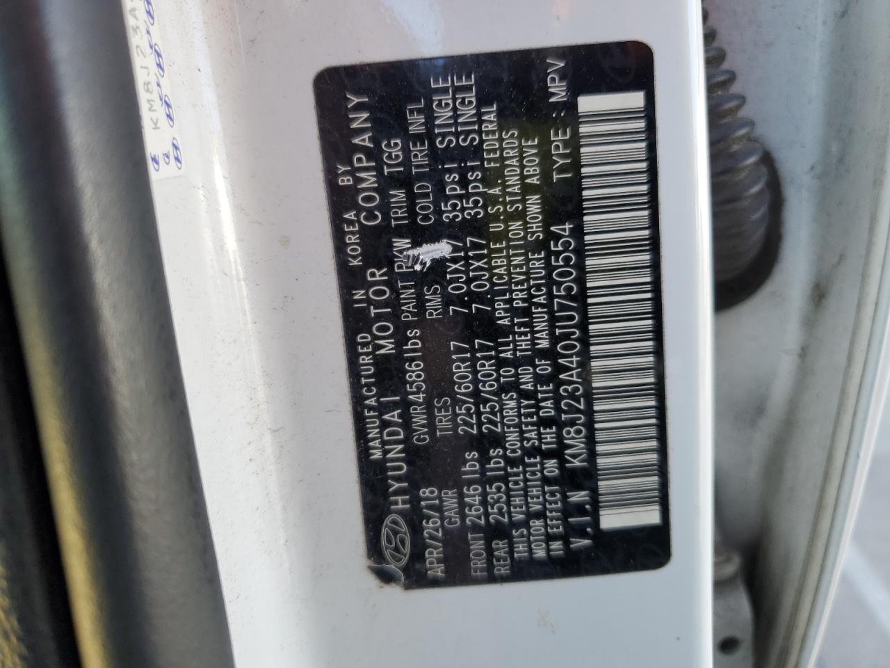 2018 Hyundai Tucson Se VIN: KM8J23A40JU750554 Lot: 50376434