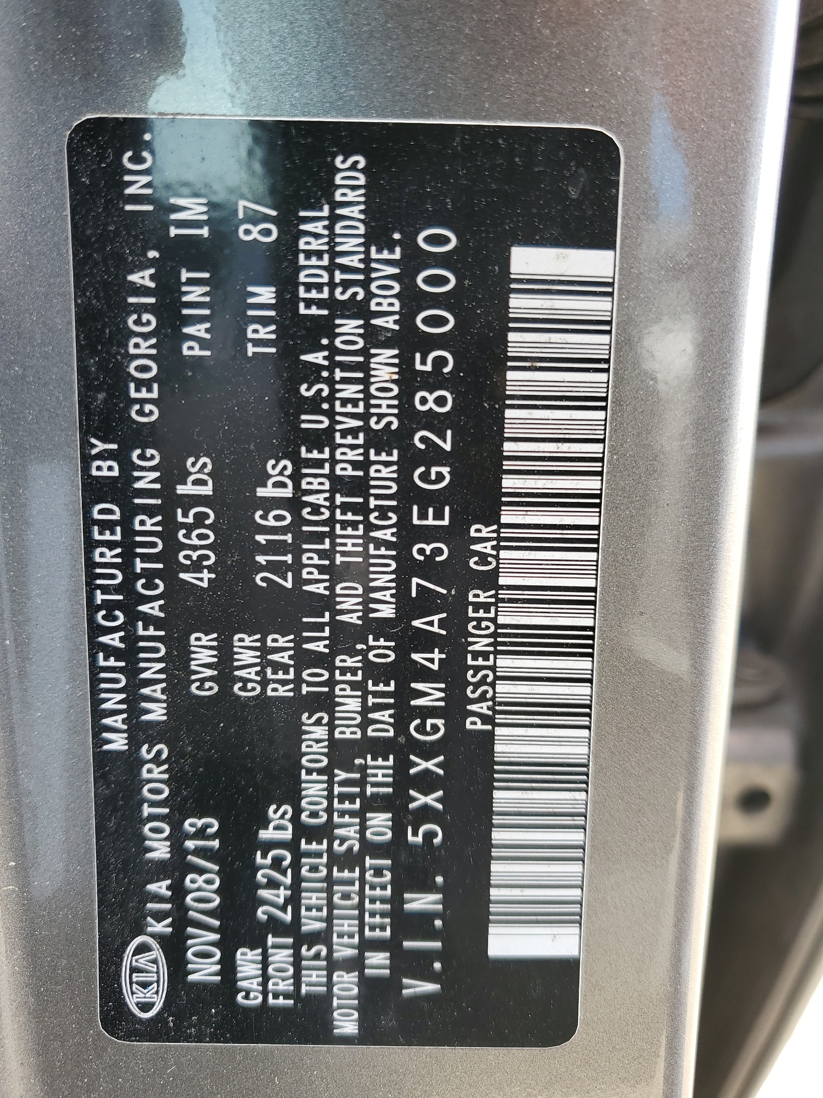 5XXGM4A73EG285000 2014 Kia Optima Lx