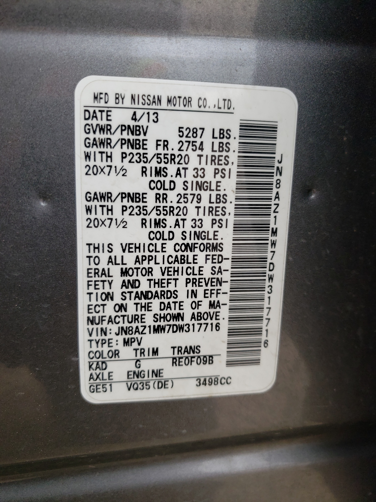 JN8AZ1MW7DW317716 2013 Nissan Murano S