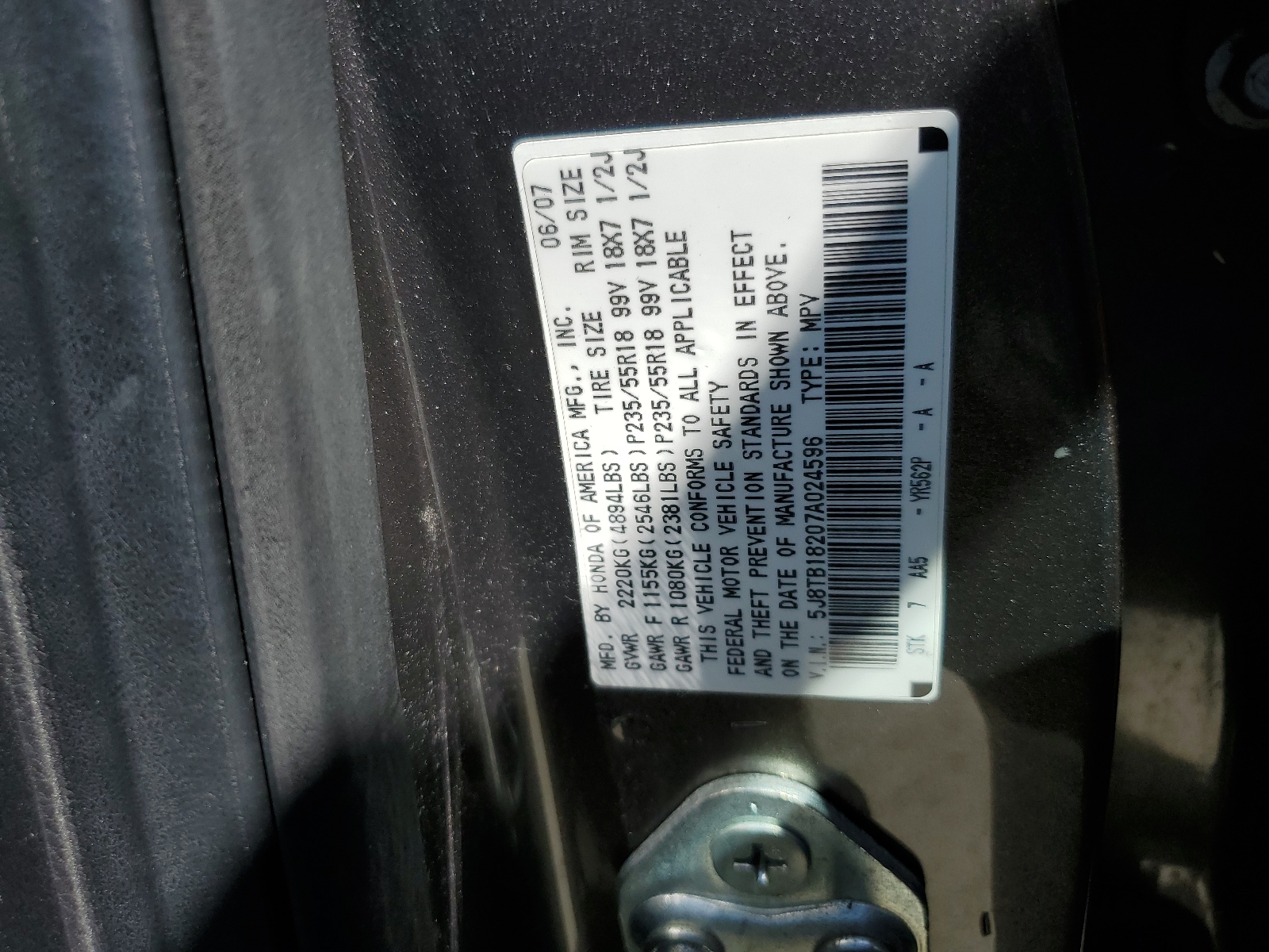 5J8TB18207A024596 2007 Acura Rdx