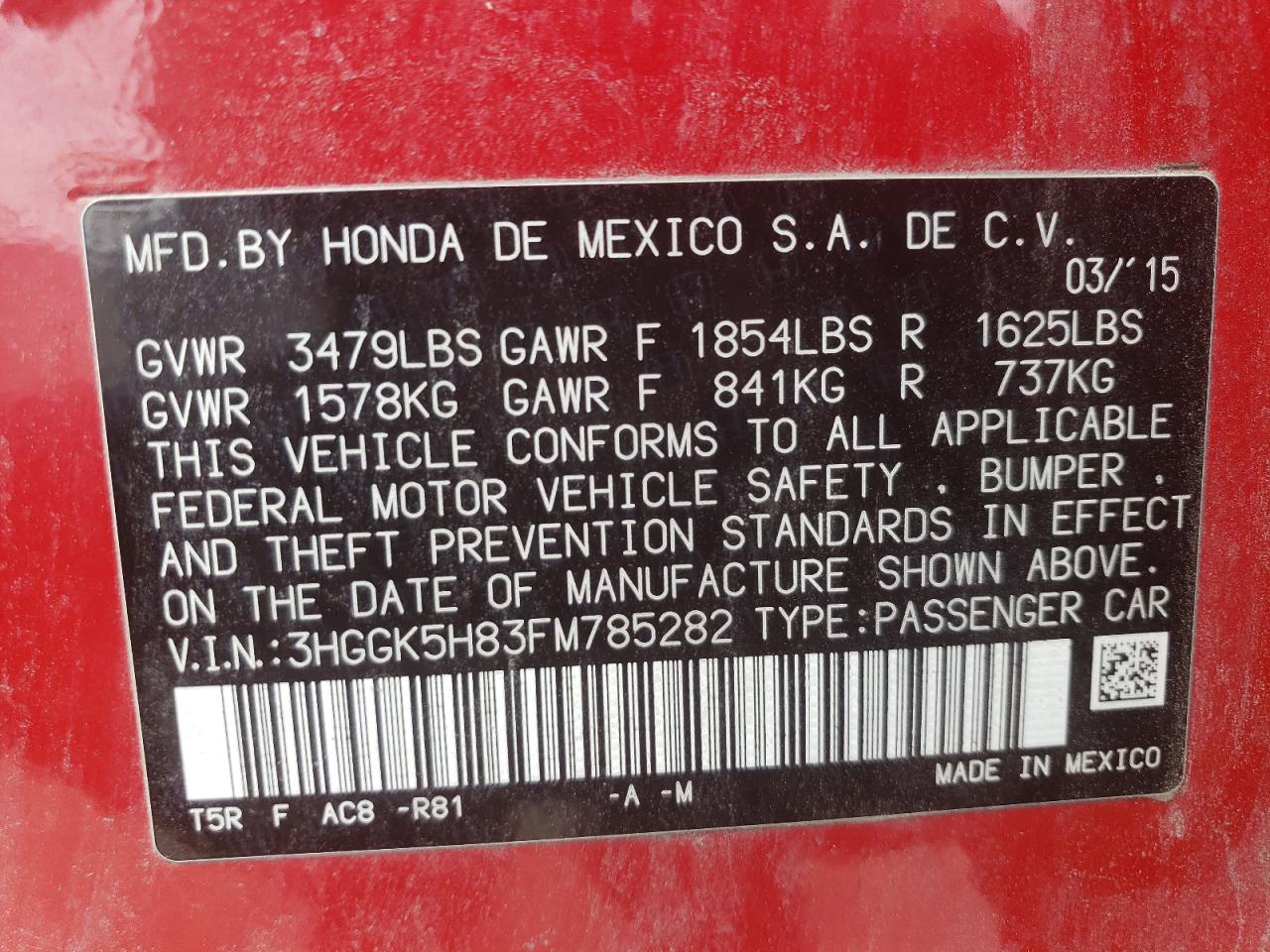 2015 Honda Fit Ex VIN: 3HGGK5H83FM785282 Lot: 52693604