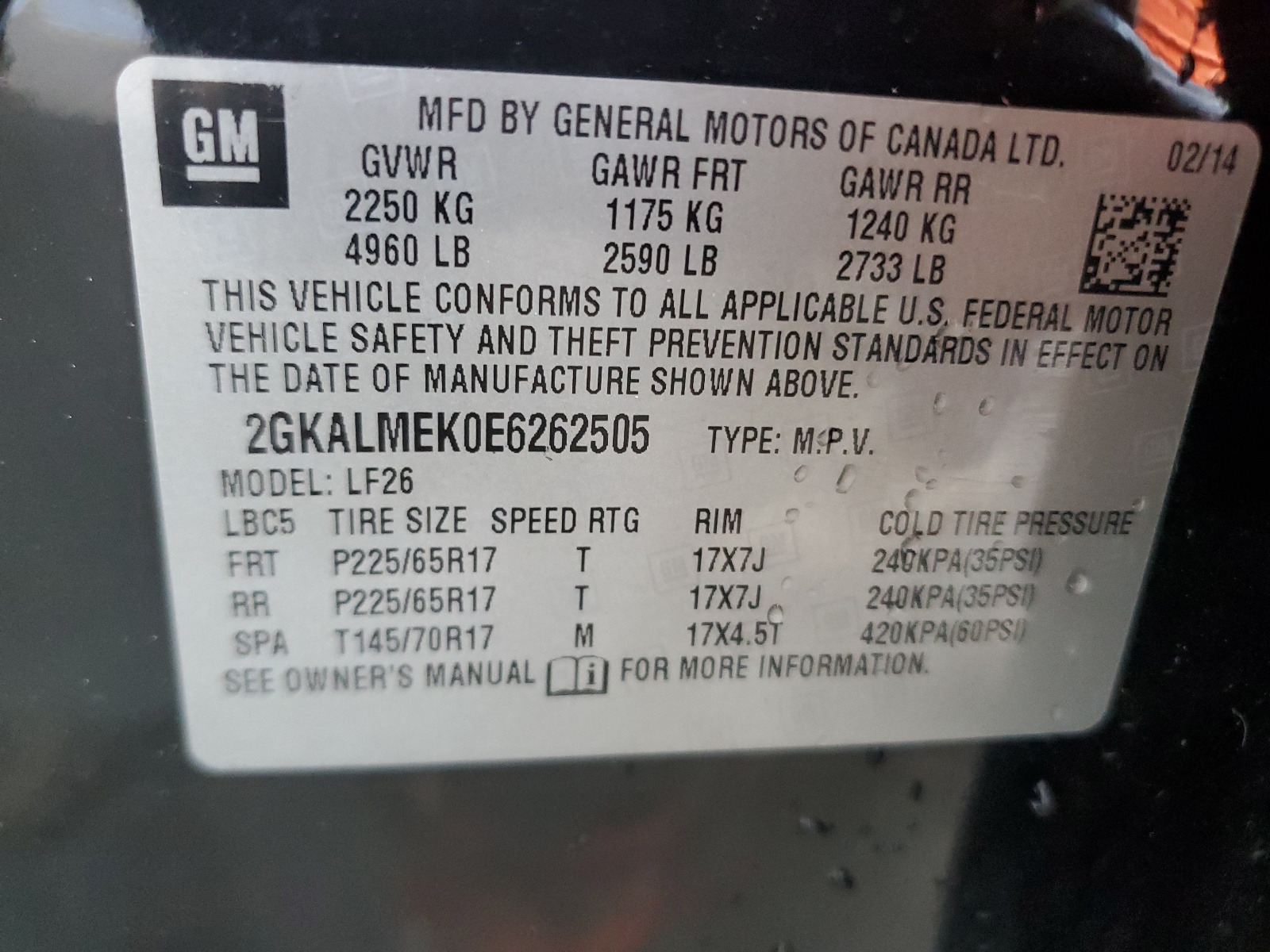 2GKALMEK0E6262505 2014 GMC Terrain Sle