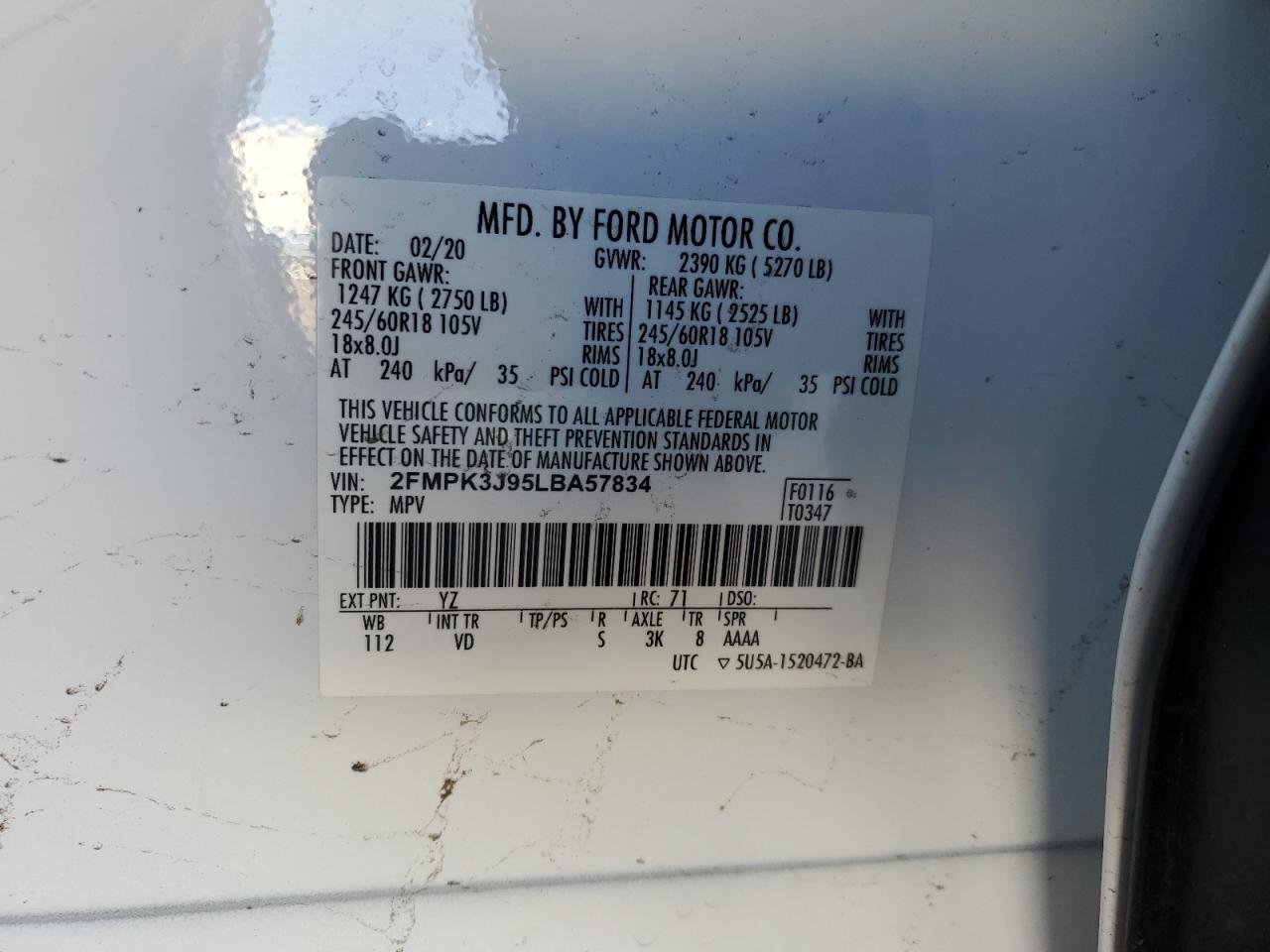 2FMPK3J95LBA57834 2020 Ford Edge Sel