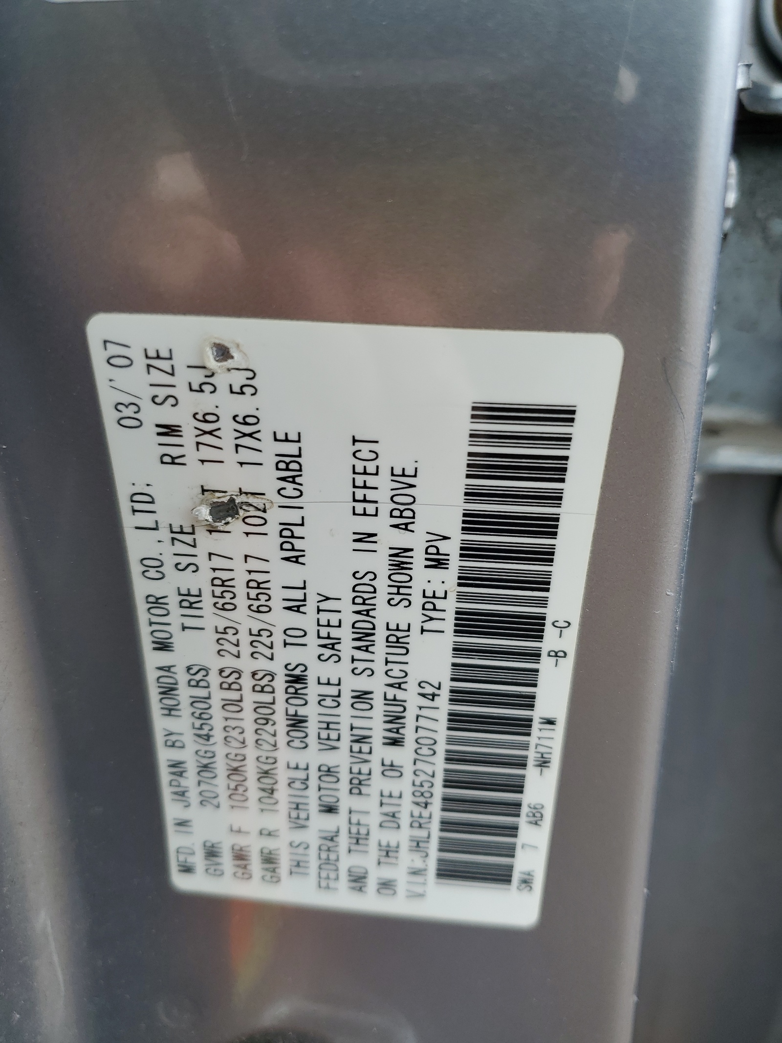 JHLRE48527C077142 2007 Honda Cr-V Ex