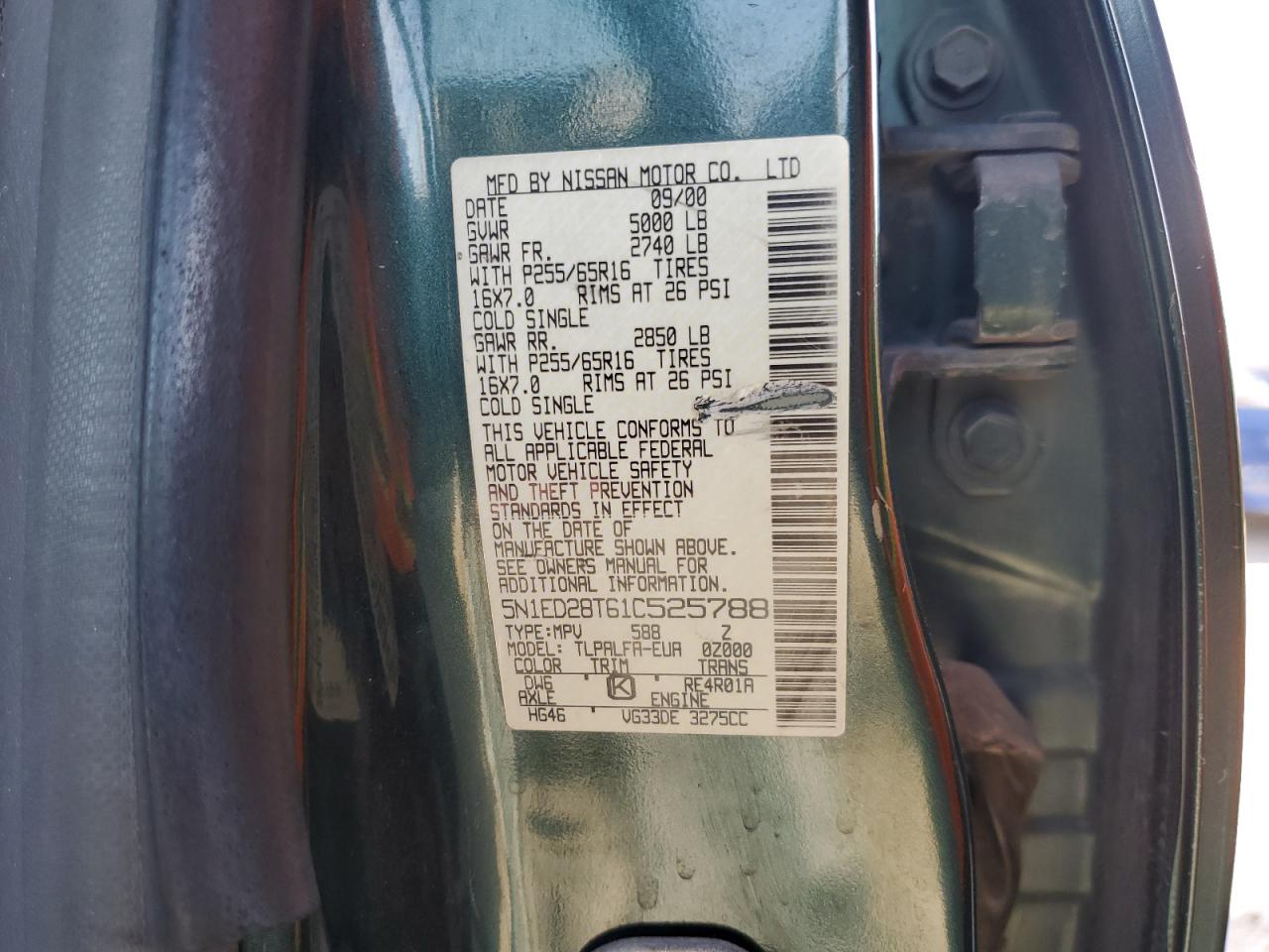 2001 Nissan Xterra Xe VIN: 5N1ED28T61C525788 Lot: 51841294