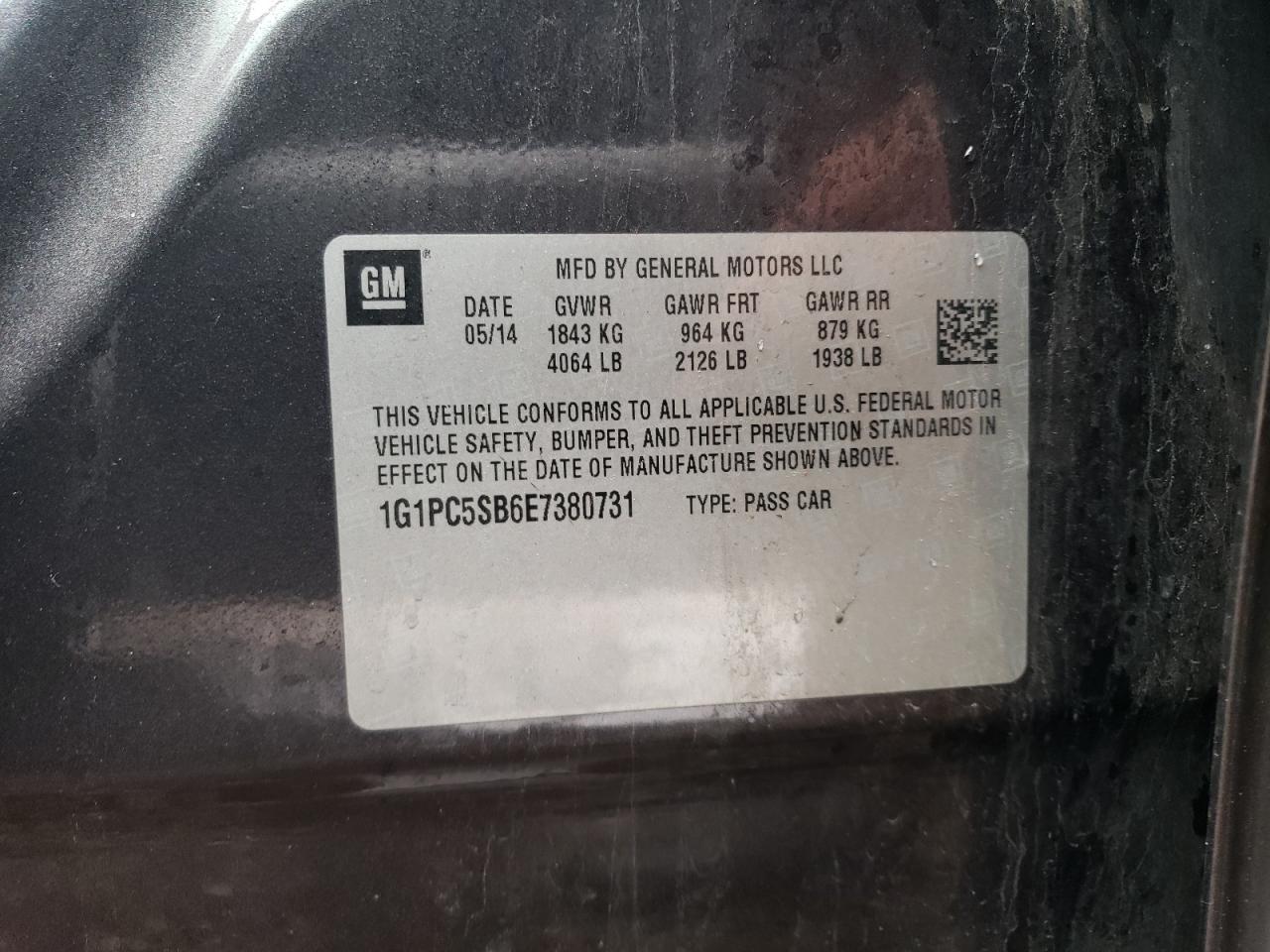 2014 Chevrolet Cruze Lt VIN: 1G1PC5SB6E7380731 Lot: 68735624