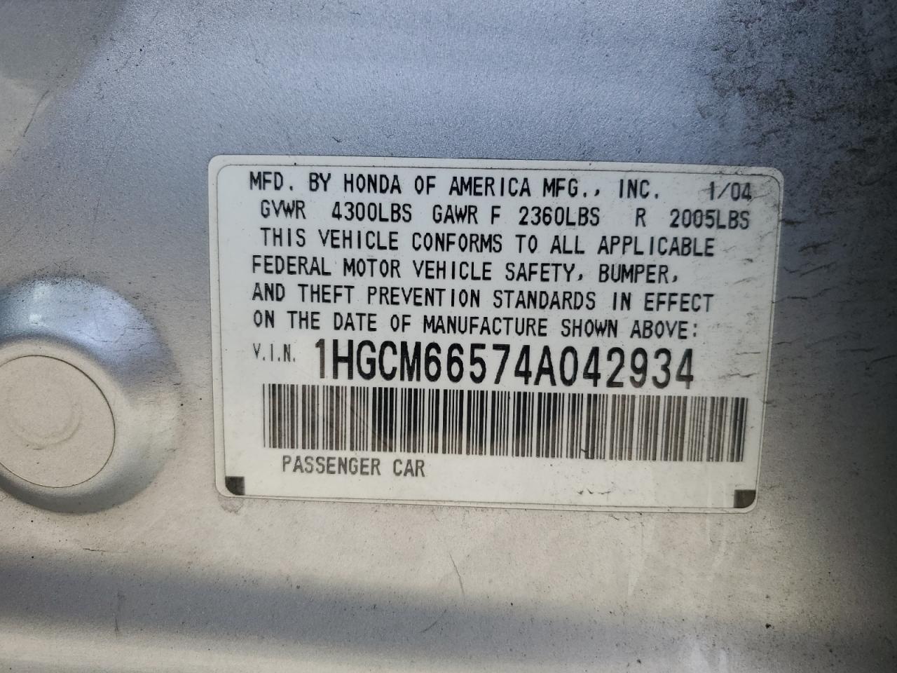 2004 Honda Accord Ex VIN: 1HGCM66574A042934 Lot: 60797054