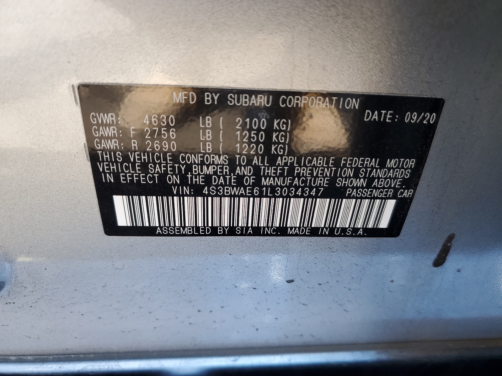 4S3BWAE61L3034347 2020 Subaru Legacy Premium