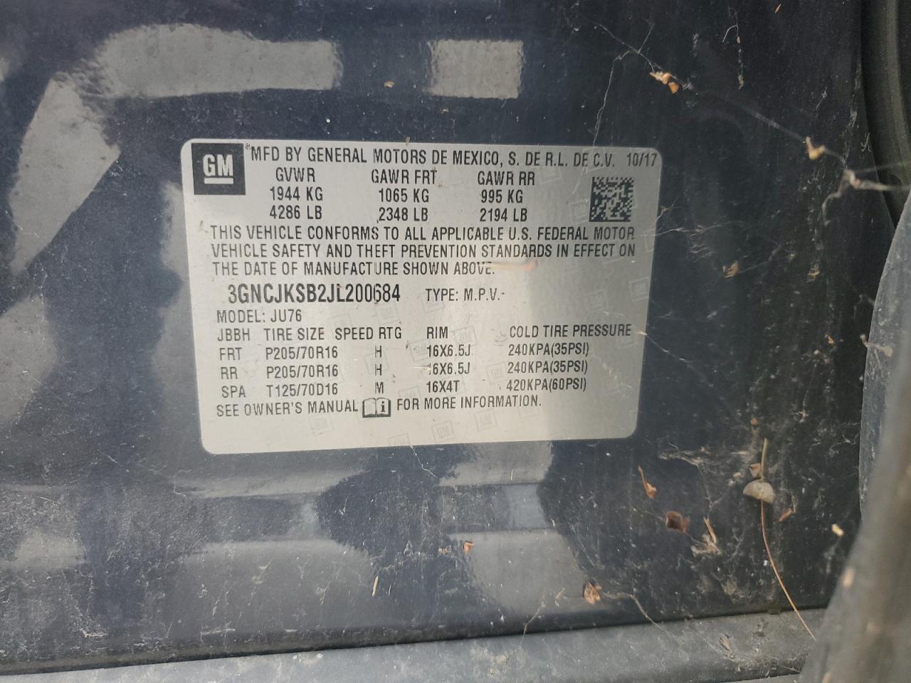 2018 Chevrolet Trax Ls VIN: 3GNCJKSB2JL200684 Lot: 51869544