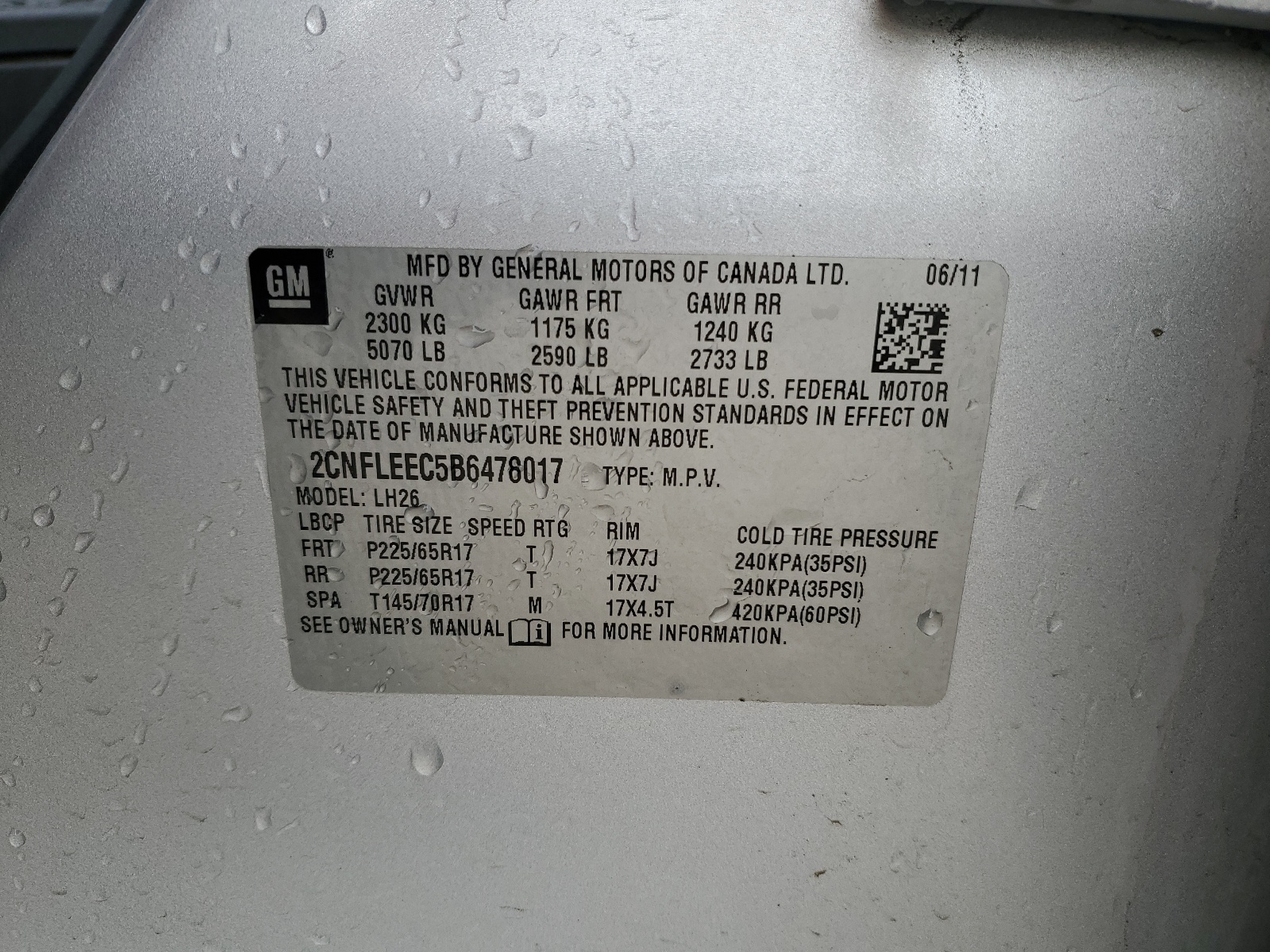 2CNFLEEC5B6478017 2011 Chevrolet Equinox Lt