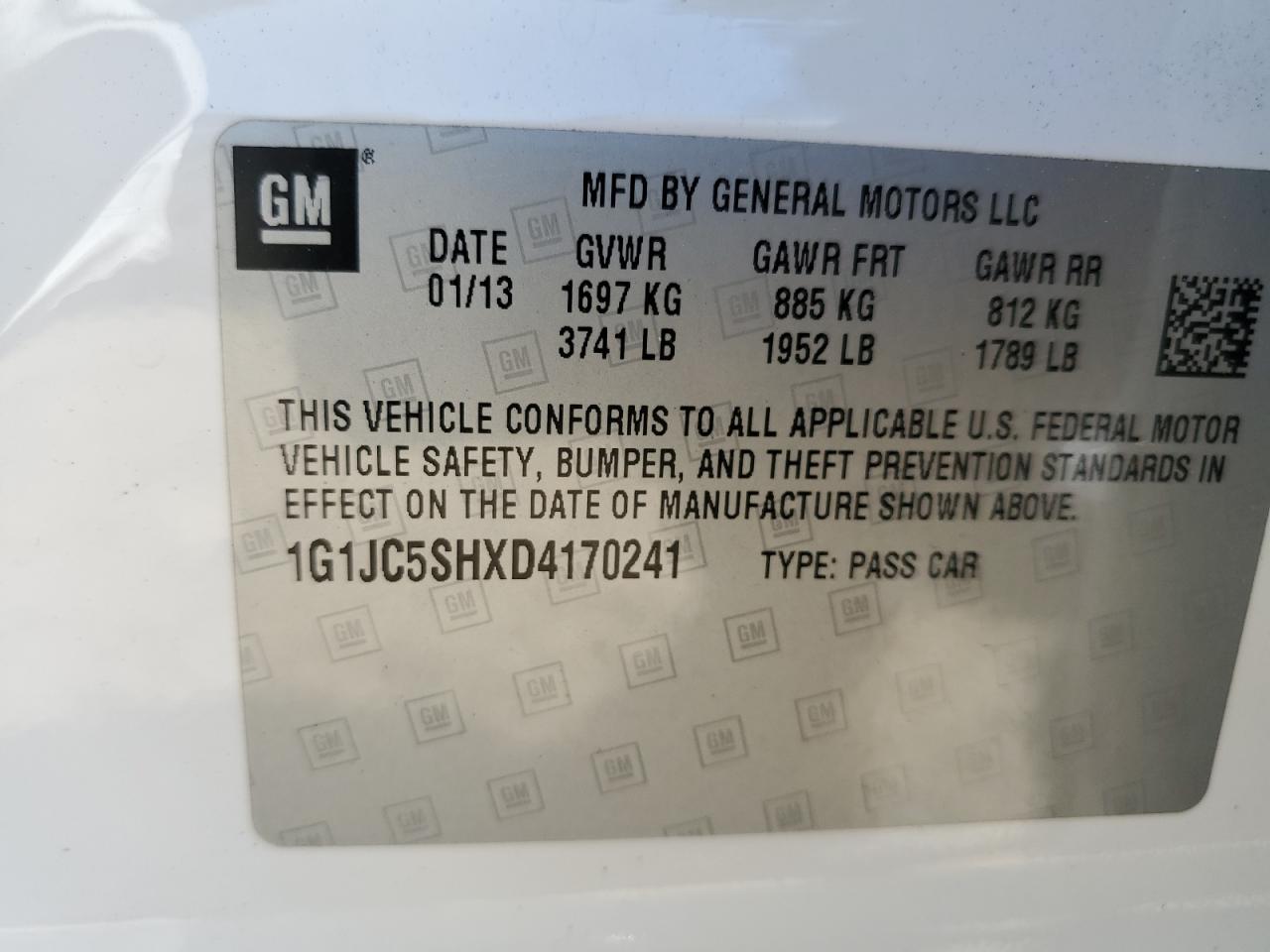 2013 Chevrolet Sonic Lt VIN: 1G1JC5SHXD4170241 Lot: 50970434