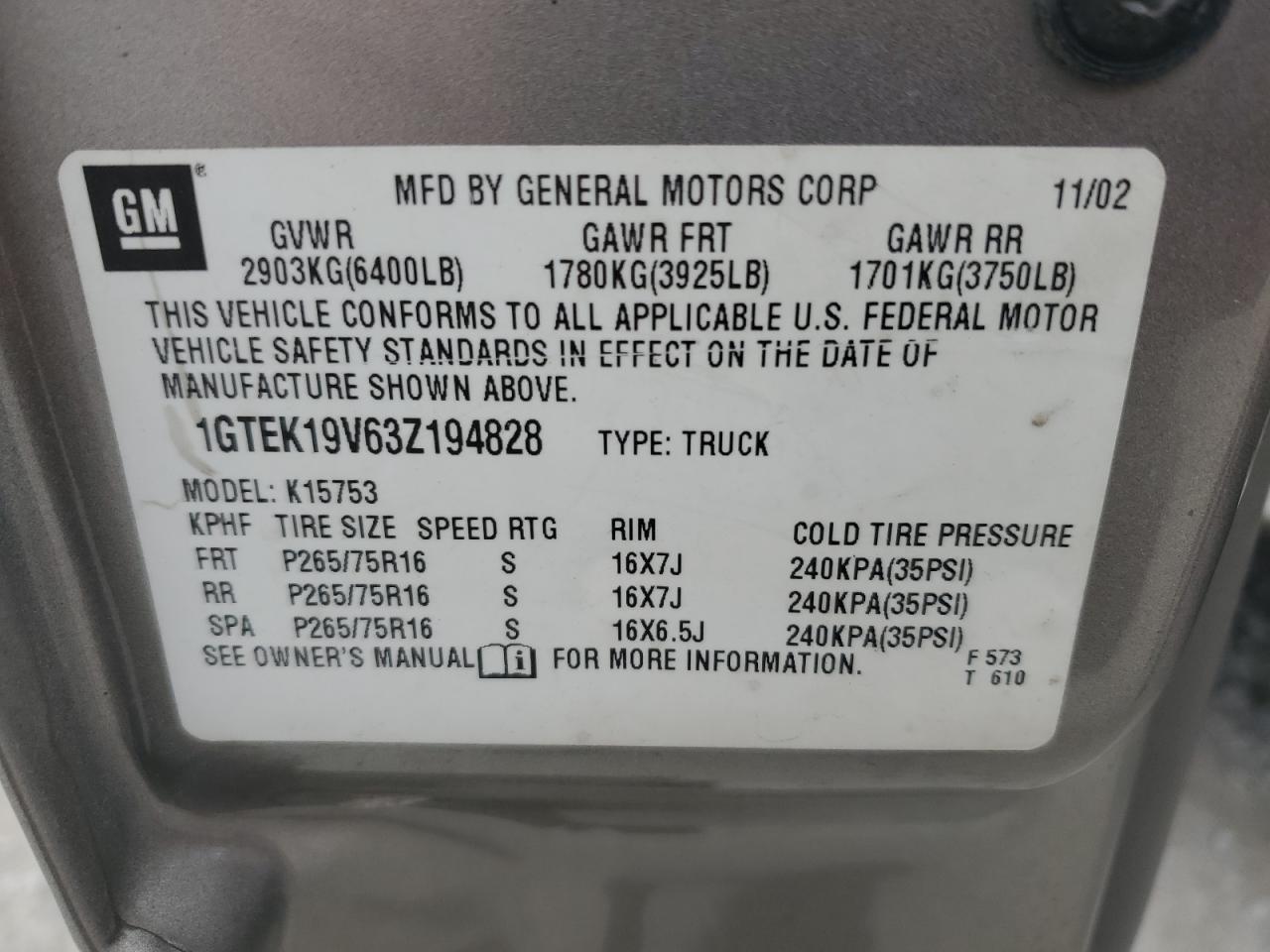 1GTEK19V63Z194828 2003 GMC New Sierra K1500