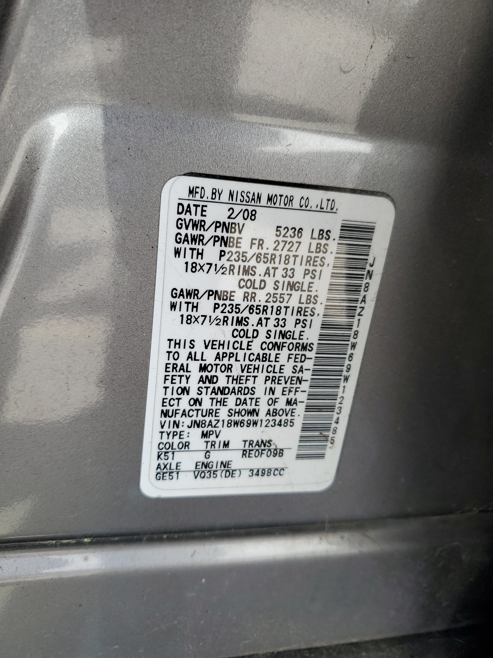 JN8AZ18W69W123485 2009 Nissan Murano S