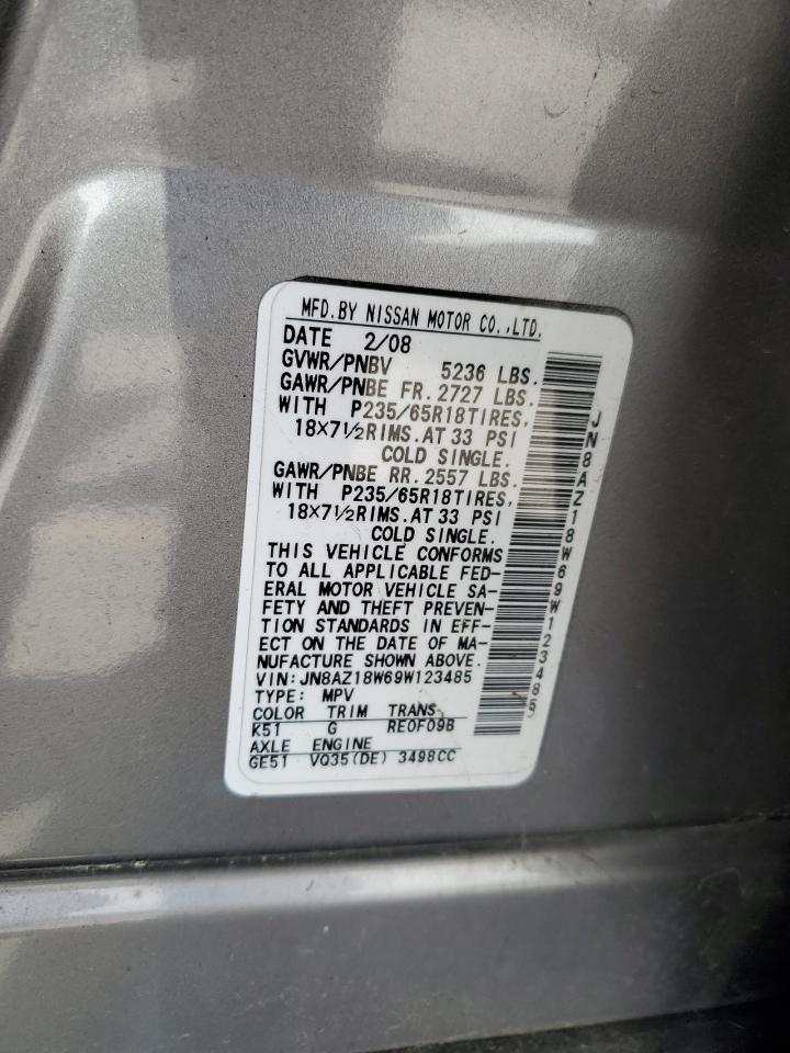 2009 Nissan Murano S VIN: JN8AZ18W69W123485 Lot: 49259204