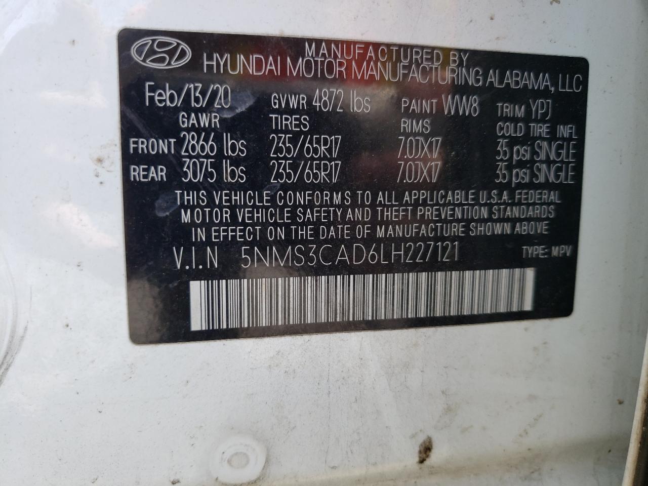 2020 Hyundai Santa Fe Sel VIN: 5NMS3CAD6LH227121 Lot: 50288284