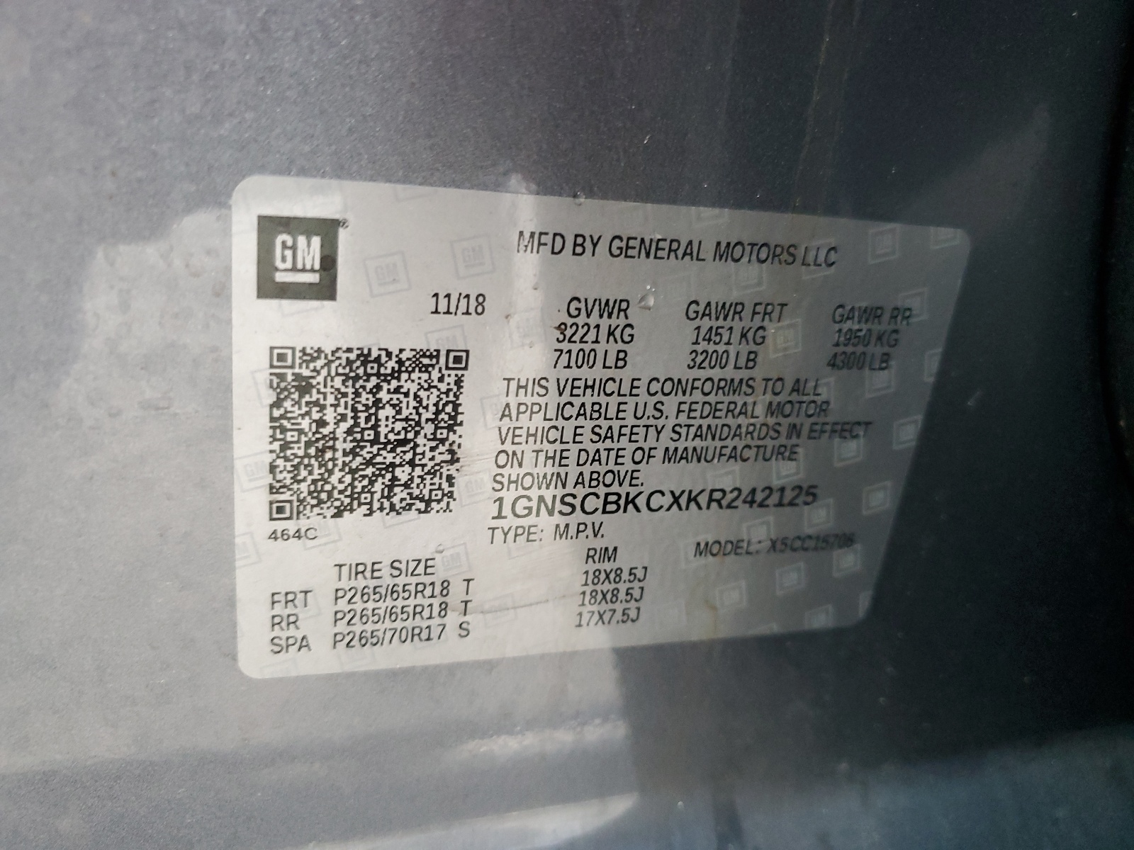 1GNSCBKCXKR242125 2019 Chevrolet Tahoe C1500 Lt