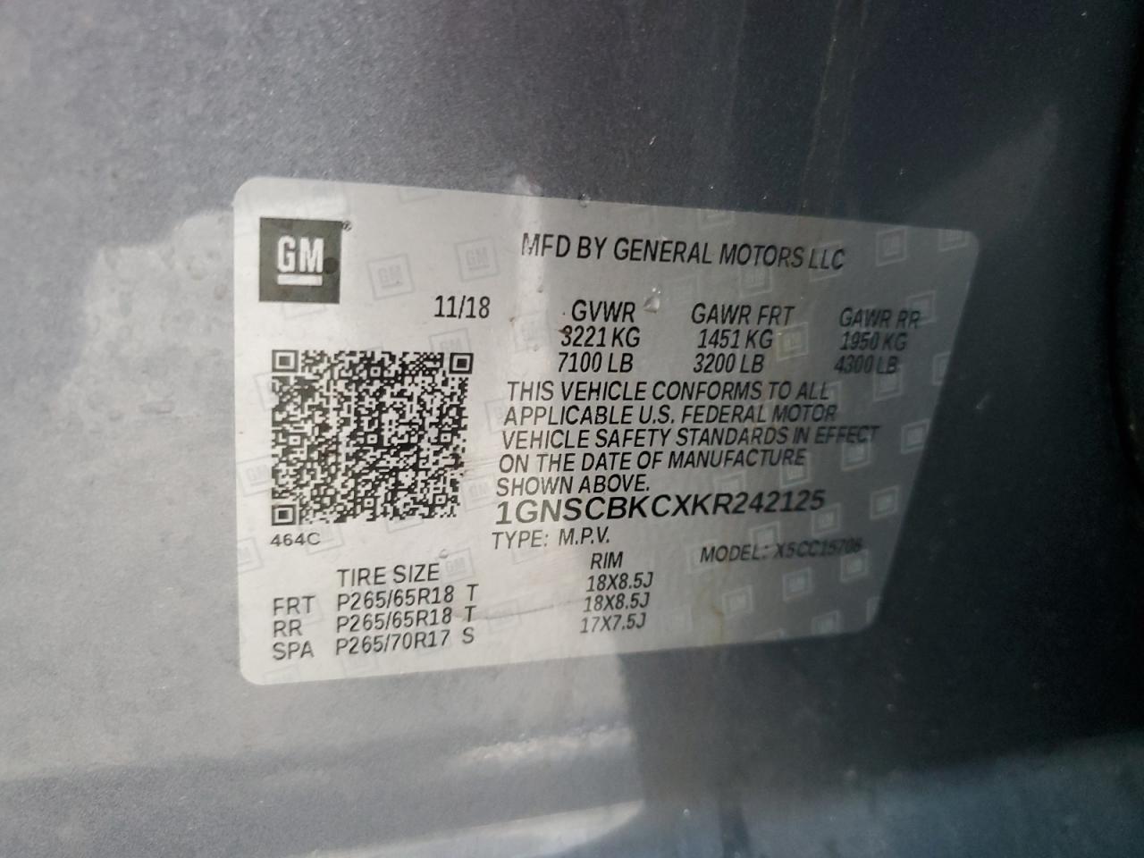 2019 Chevrolet Tahoe C1500 Lt VIN: 1GNSCBKCXKR242125 Lot: 48420154