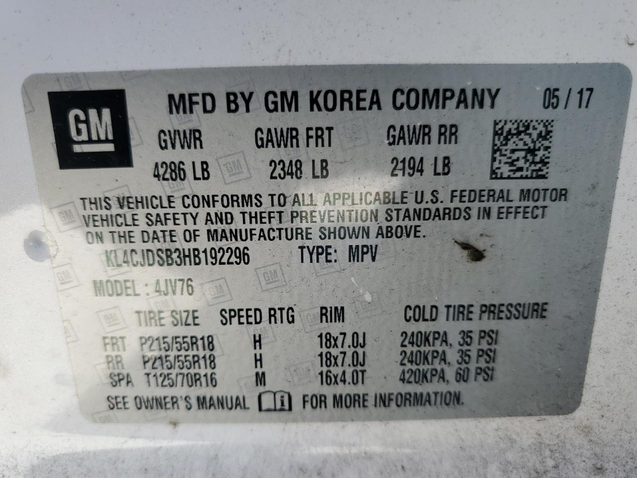 2017 Buick Encore Premium VIN: KL4CJDSB3HB192296 Lot: 50682454