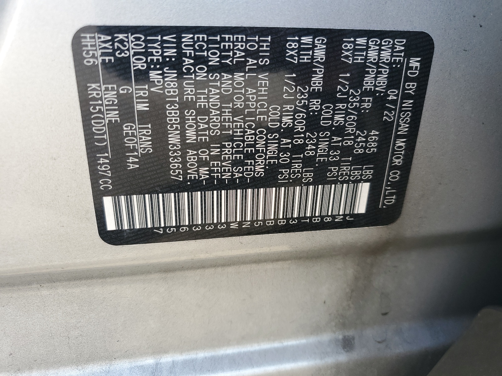 JN8BT3BB5NW333657 2022 Nissan Rogue Sv