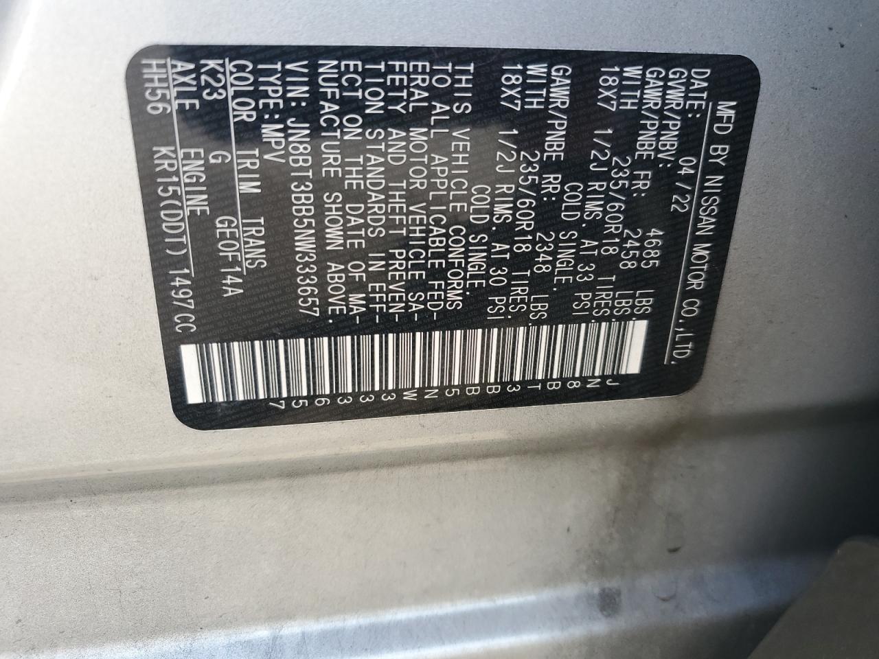 2022 Nissan Rogue Sv VIN: JN8BT3BB5NW333657 Lot: 52109714