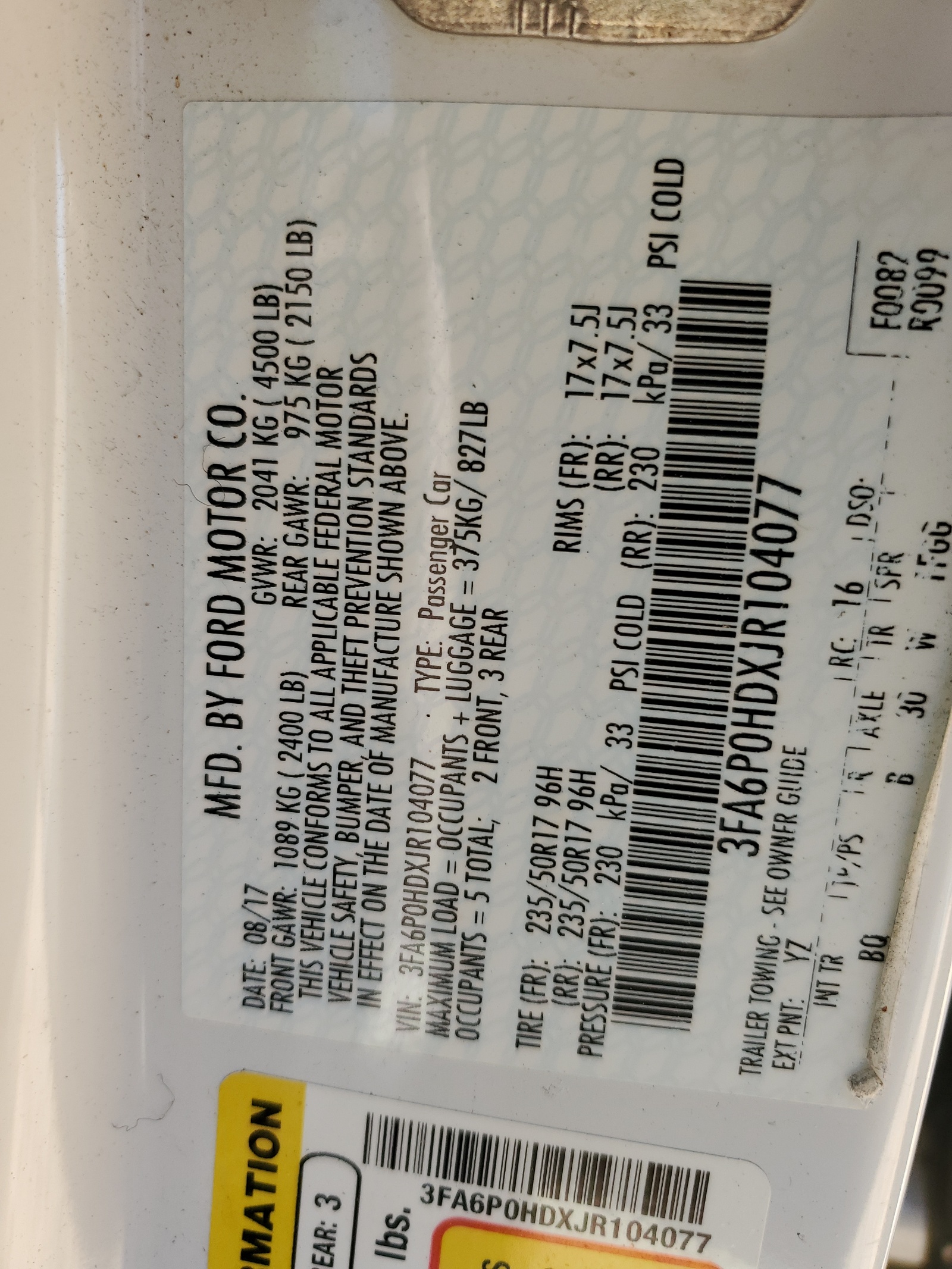 3FA6P0HDXJR104077 2018 Ford Fusion Se