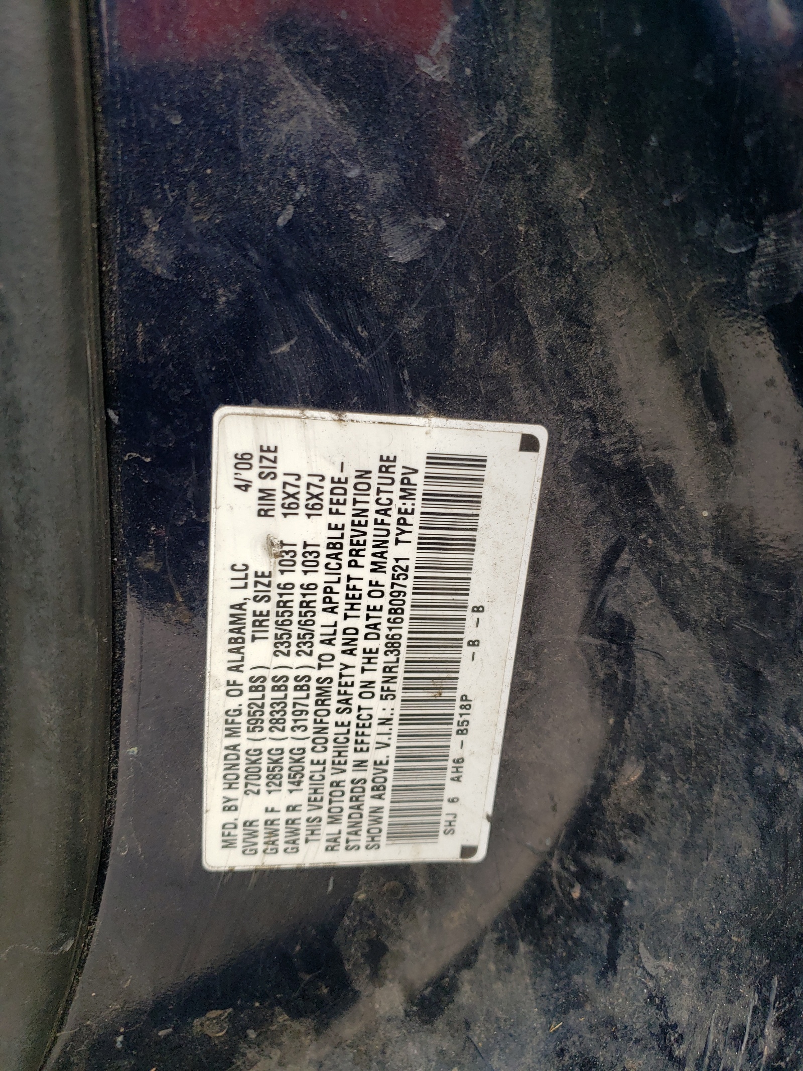 5FNRL38616B097521 2006 Honda Odyssey Exl