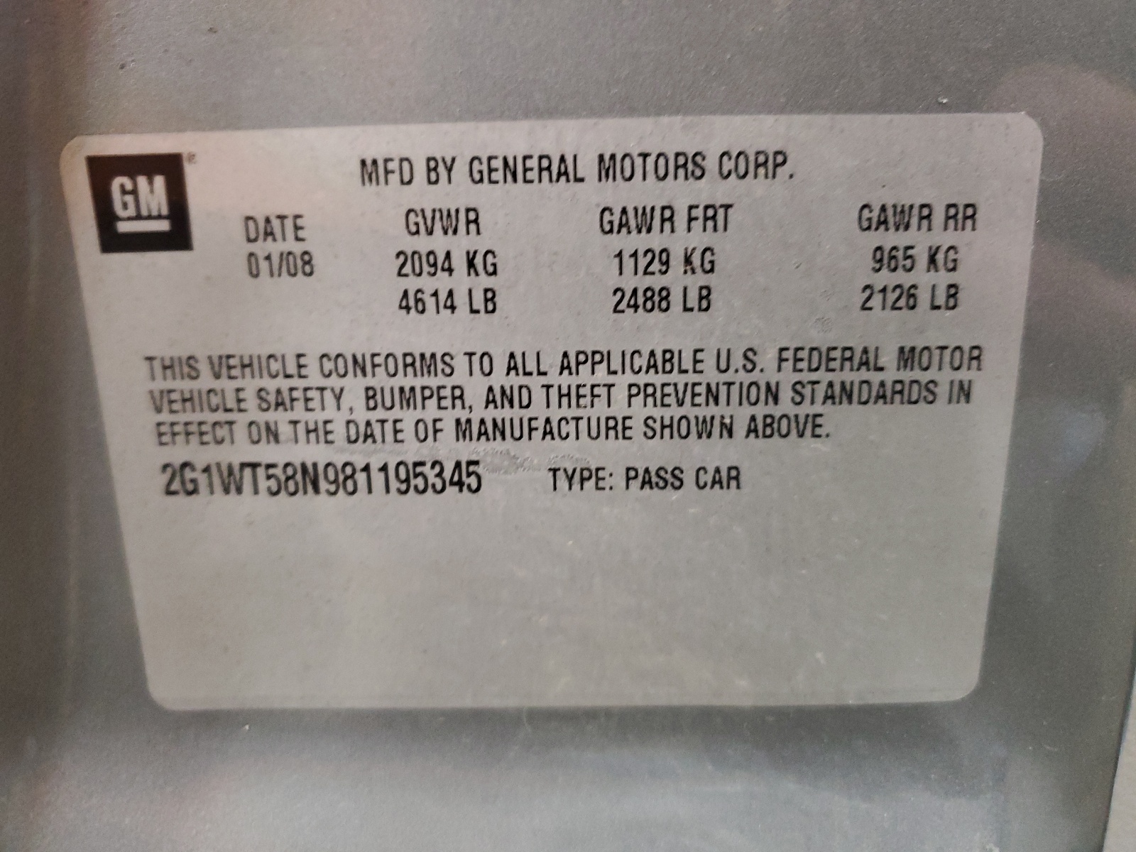 2G1WT58N981195345 2008 Chevrolet Impala Lt