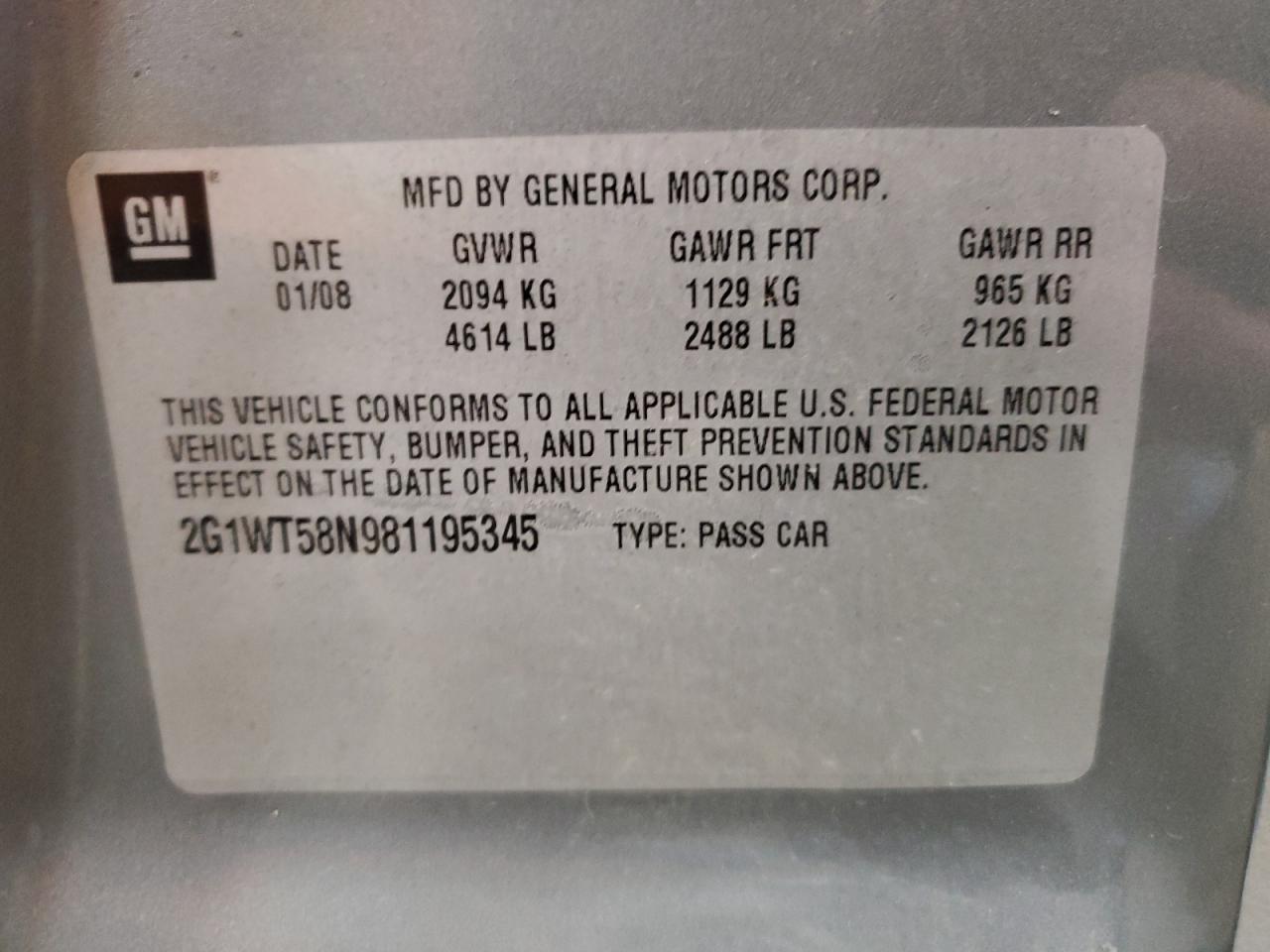 2008 Chevrolet Impala Lt VIN: 2G1WT58N981195345 Lot: 51104524