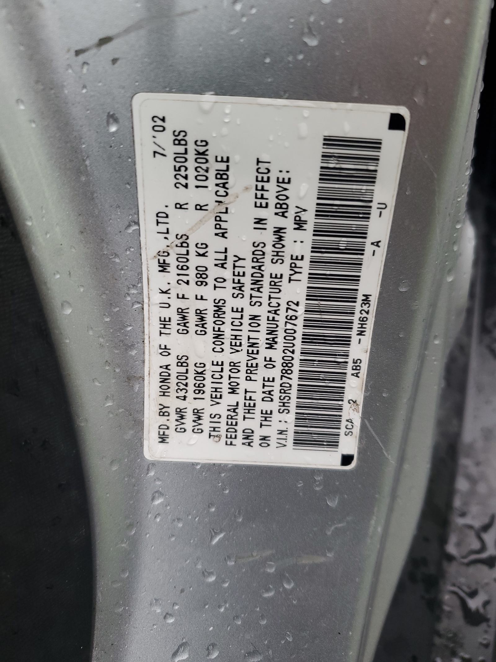 SHSRD78802U007672 2002 Honda Cr-V Ex