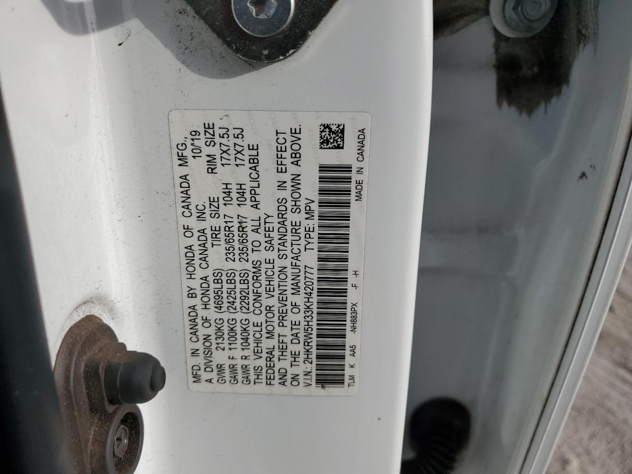 2HKRW5H33KH420777 2019 Honda Cr-V Lx