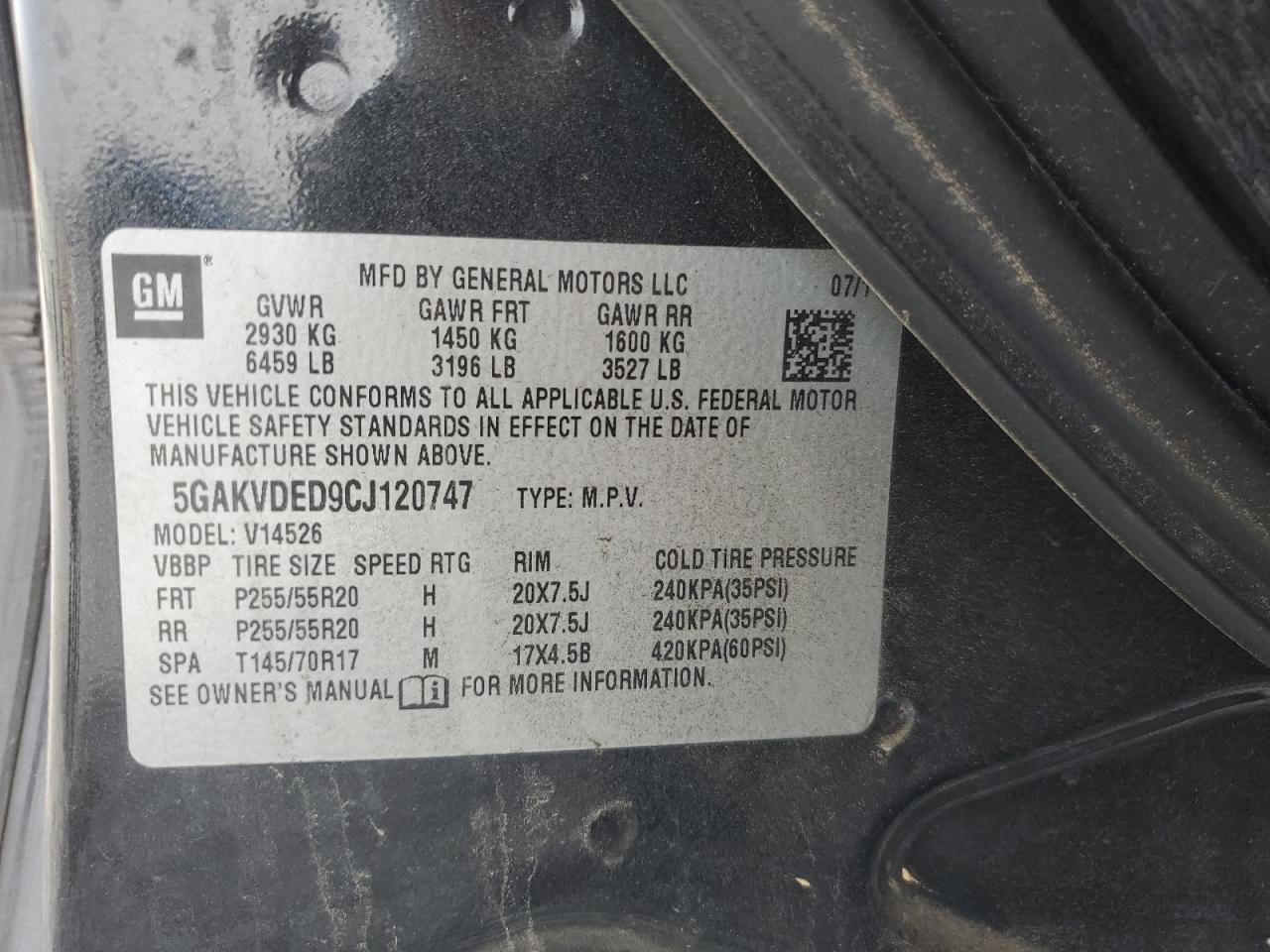 2012 Buick Enclave VIN: 5GAKVDED9CJ120747 Lot: 50232614