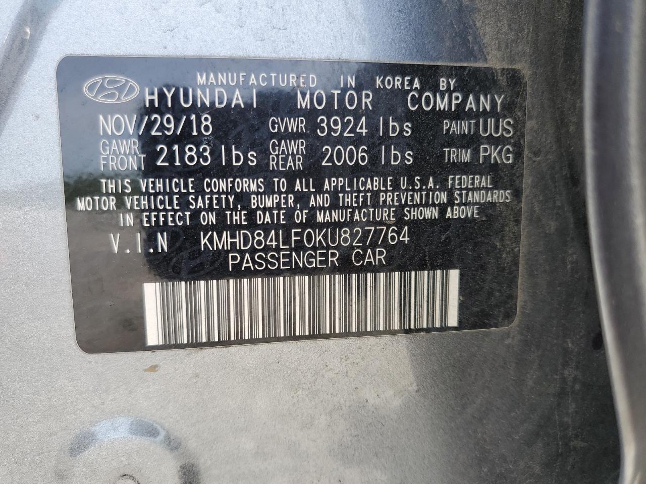 KMHD84LF0KU827764 2019 Hyundai Elantra Sel