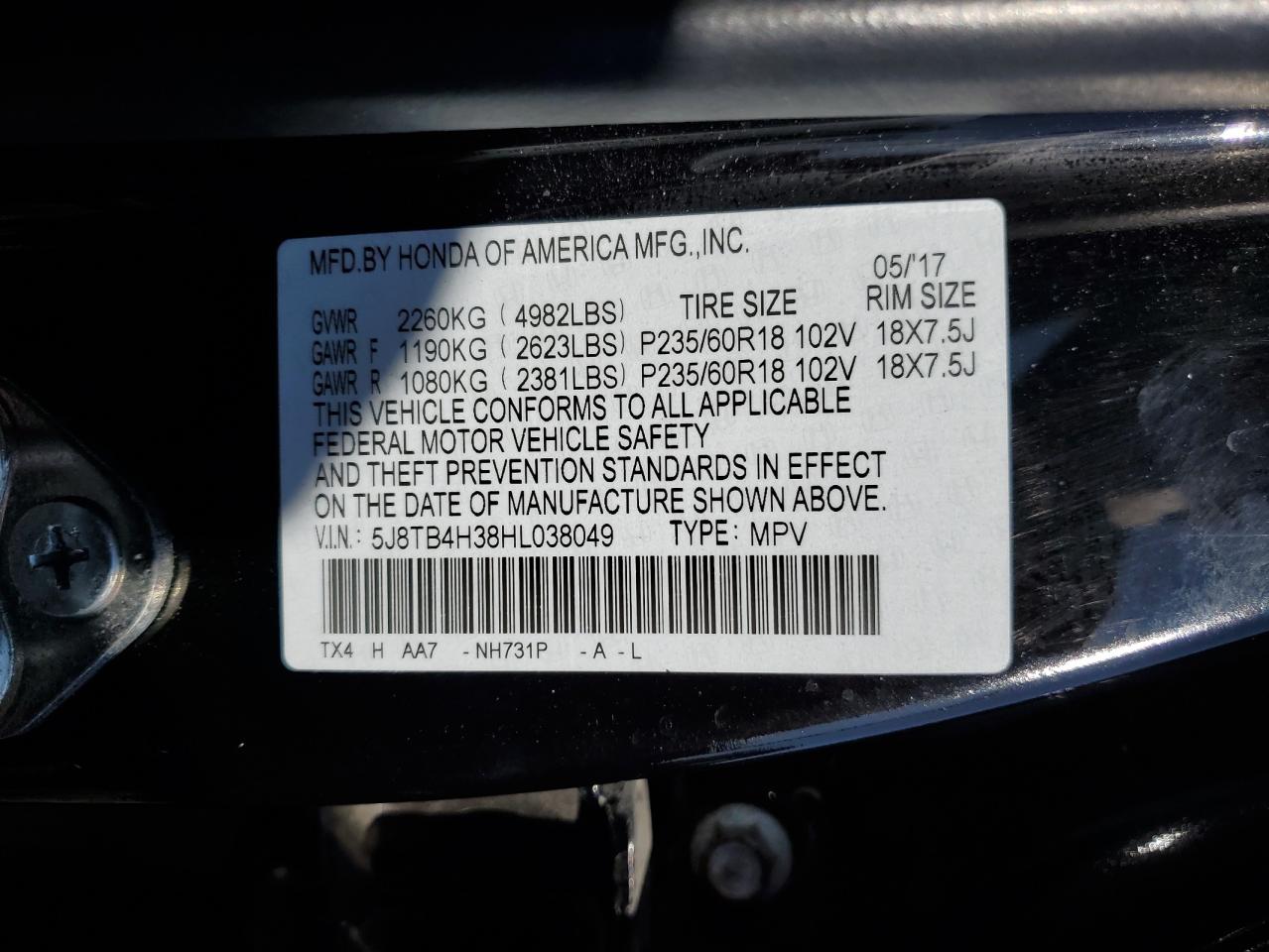 5J8TB4H38HL038049 2017 Acura Rdx