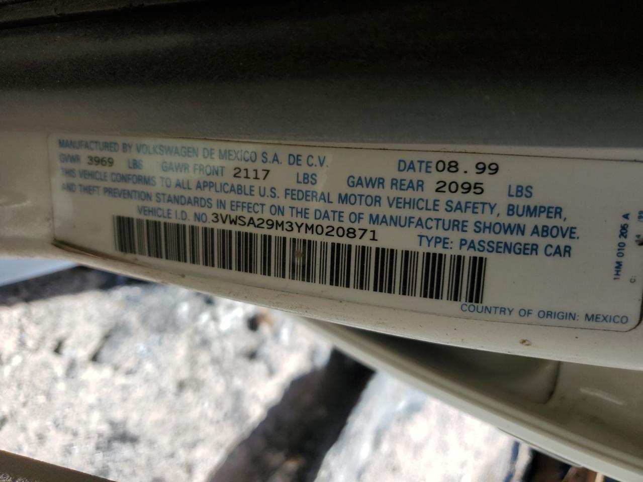 2000 Volkswagen Jetta Gls VIN: 3VWSA29M3YM020871 Lot: 50222454