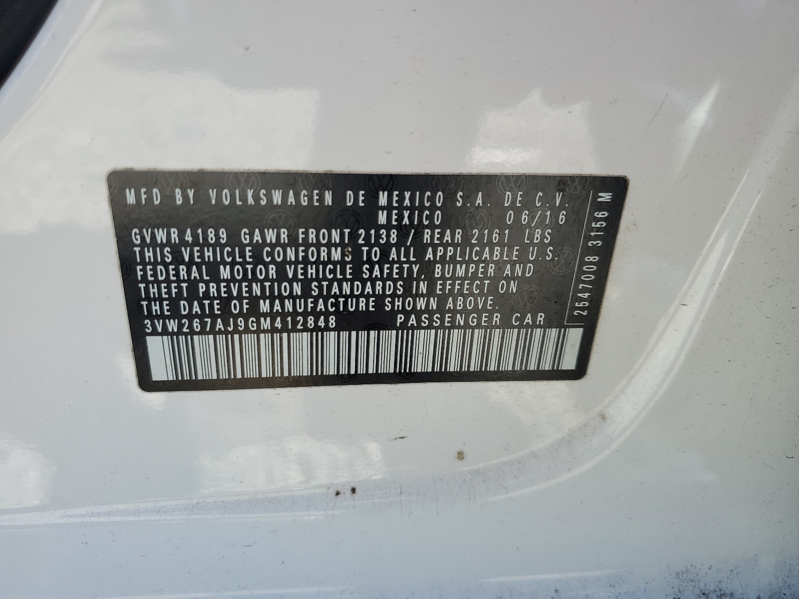 3VW267AJ9GM412848 2016 Volkswagen Jetta S