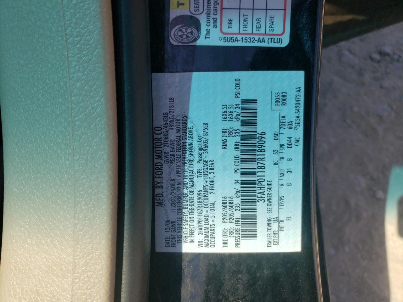 2007 Ford Fusion Se VIN: 3FAHP01187R189096 Lot: 52236614