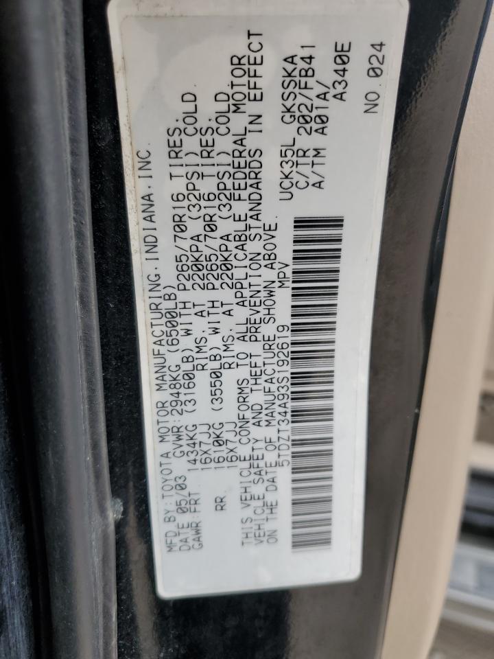 2003 Toyota Sequoia Sr5 VIN: 5TDZT34A93S192619 Lot: 59720185