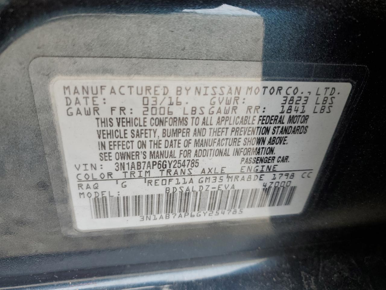 2016 Nissan Sentra S VIN: 3N1AB7AP6GY254785 Lot: 51211774