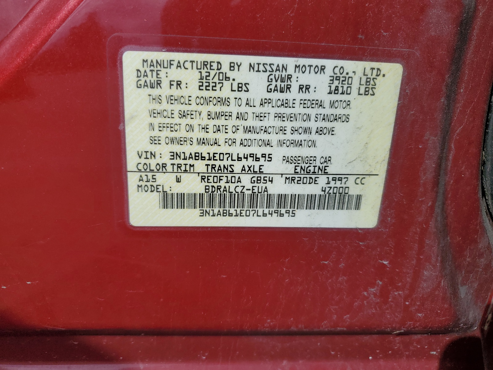3N1AB61E07L649695 2007 Nissan Sentra 2.0