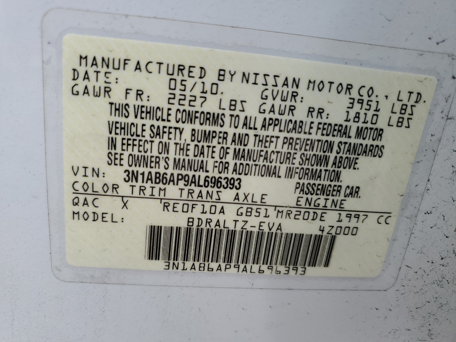 3N1AB6AP9AL696393 2010 Nissan Sentra 2.0