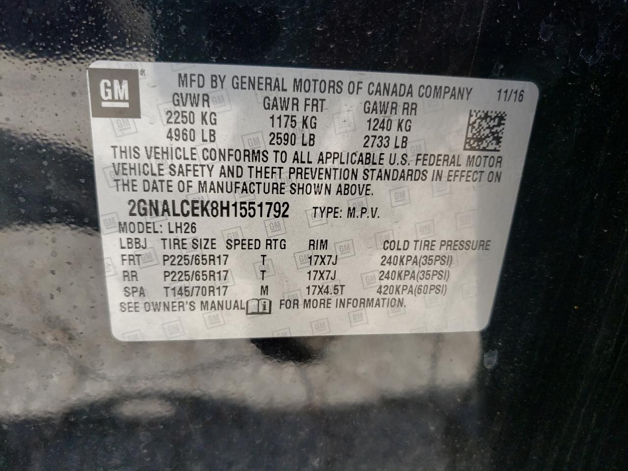 2GNALCEK8H1551792 2017 Chevrolet Equinox Lt