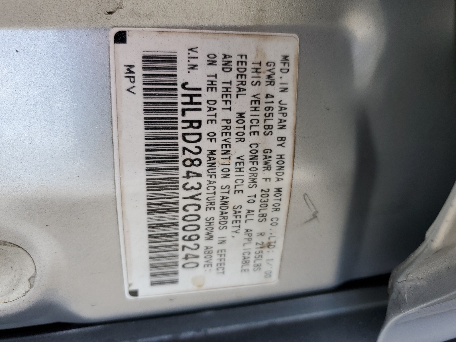 JHLRD2843YC009240 2000 Honda Cr-V Lx