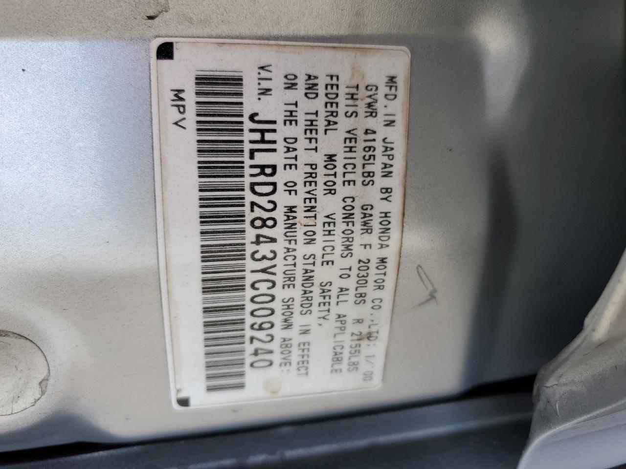 2000 Honda Cr-V Lx VIN: JHLRD2843YC009240 Lot: 61842194