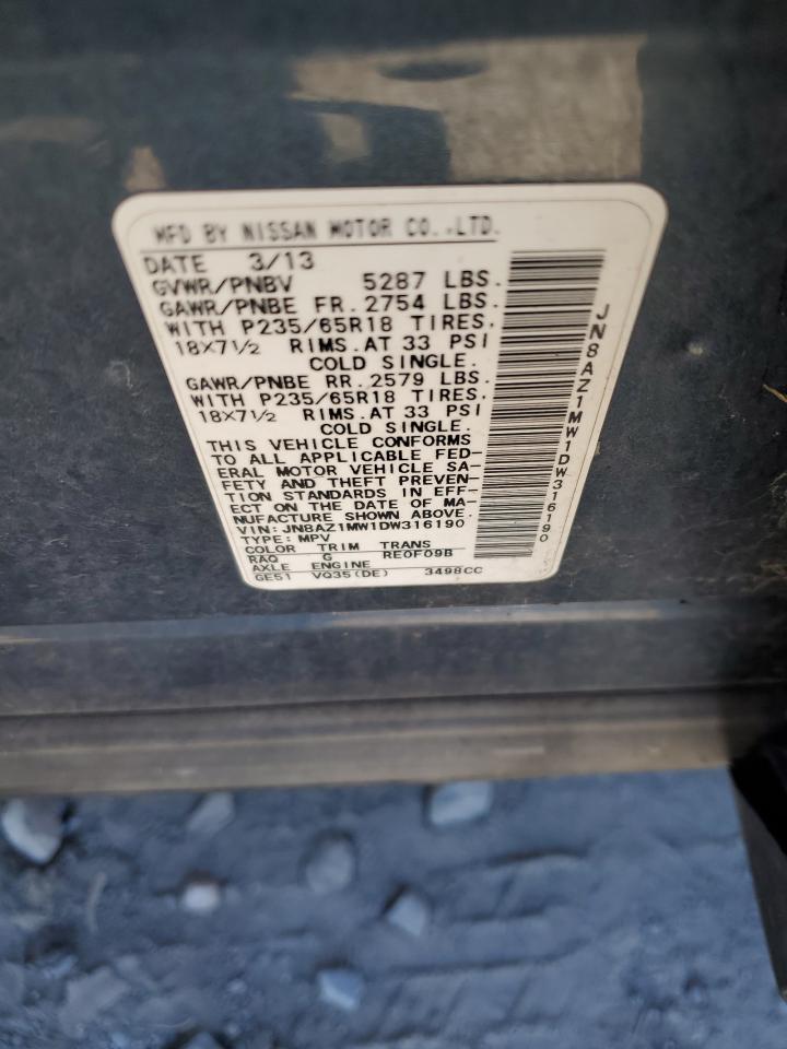 2013 Nissan Murano S VIN: JN8AZ1MW1DW316190 Lot: 51917924