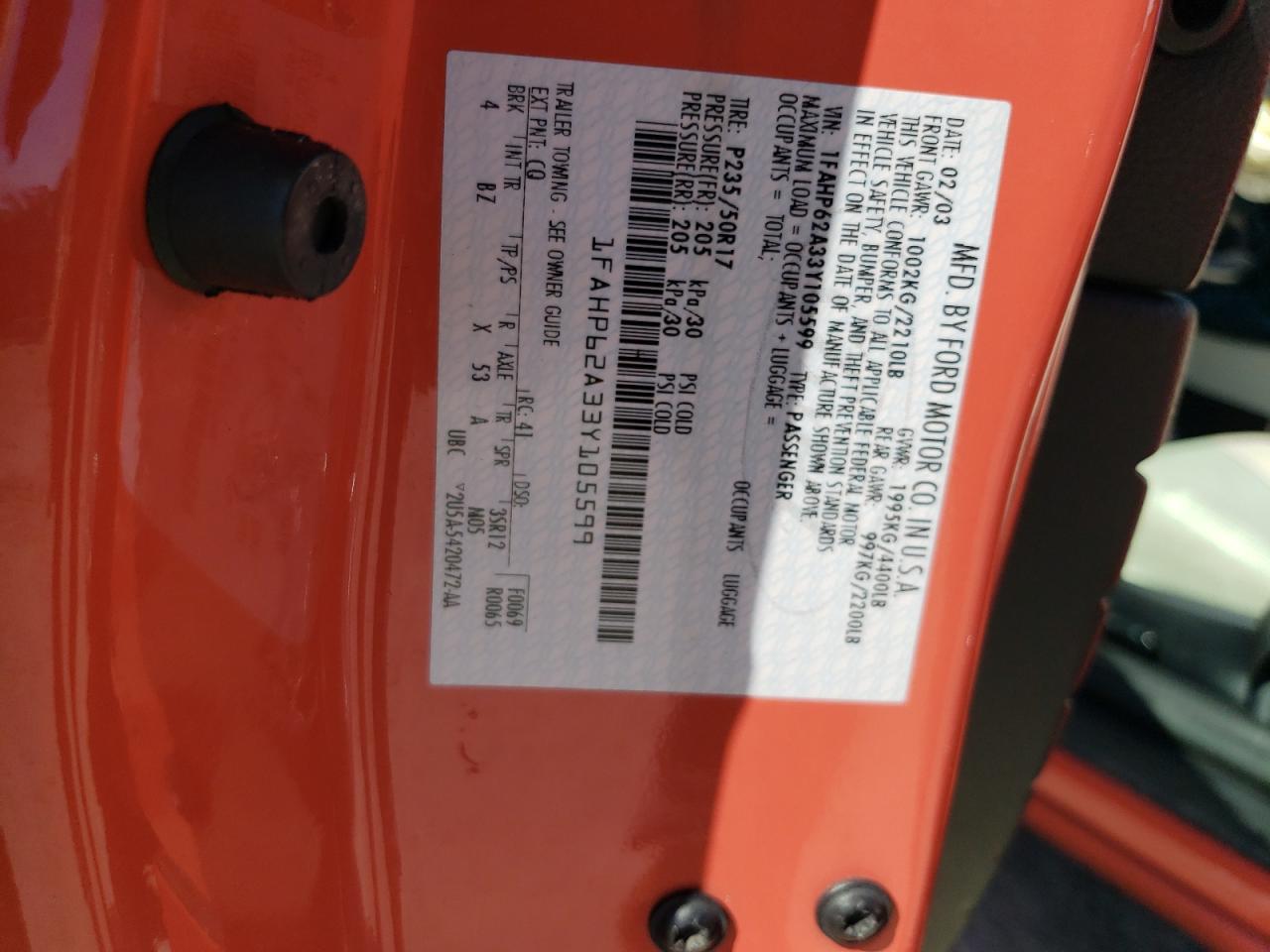 2003 Ford Thunderbird VIN: 1FAHP62A33Y105599 Lot: 52110694