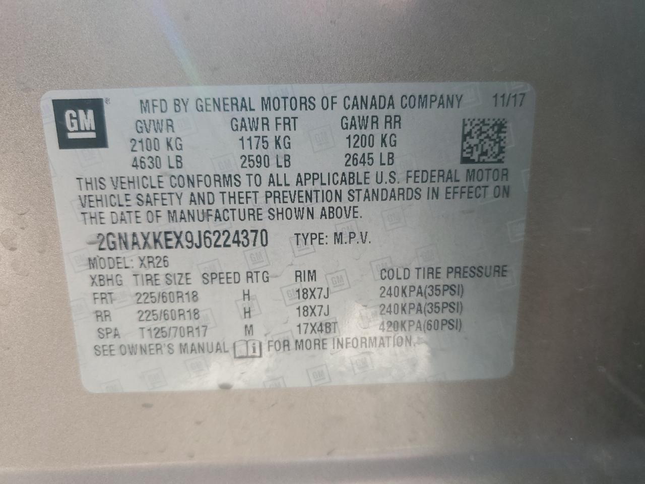 2GNAXKEX9J6224370 2018 Chevrolet Equinox Lt