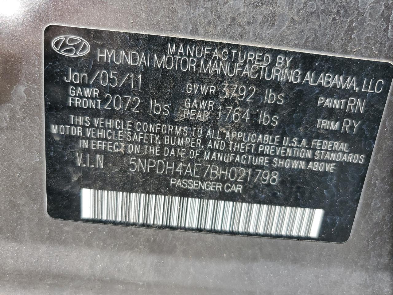 5NPDH4AE7BH021798 2011 Hyundai Elantra Gls