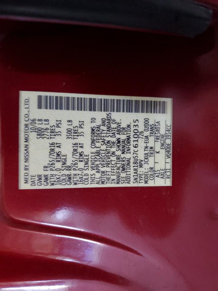 2007 Nissan Pathfinder Le VIN: 5N1AR18U57C610035 Lot: 51399444