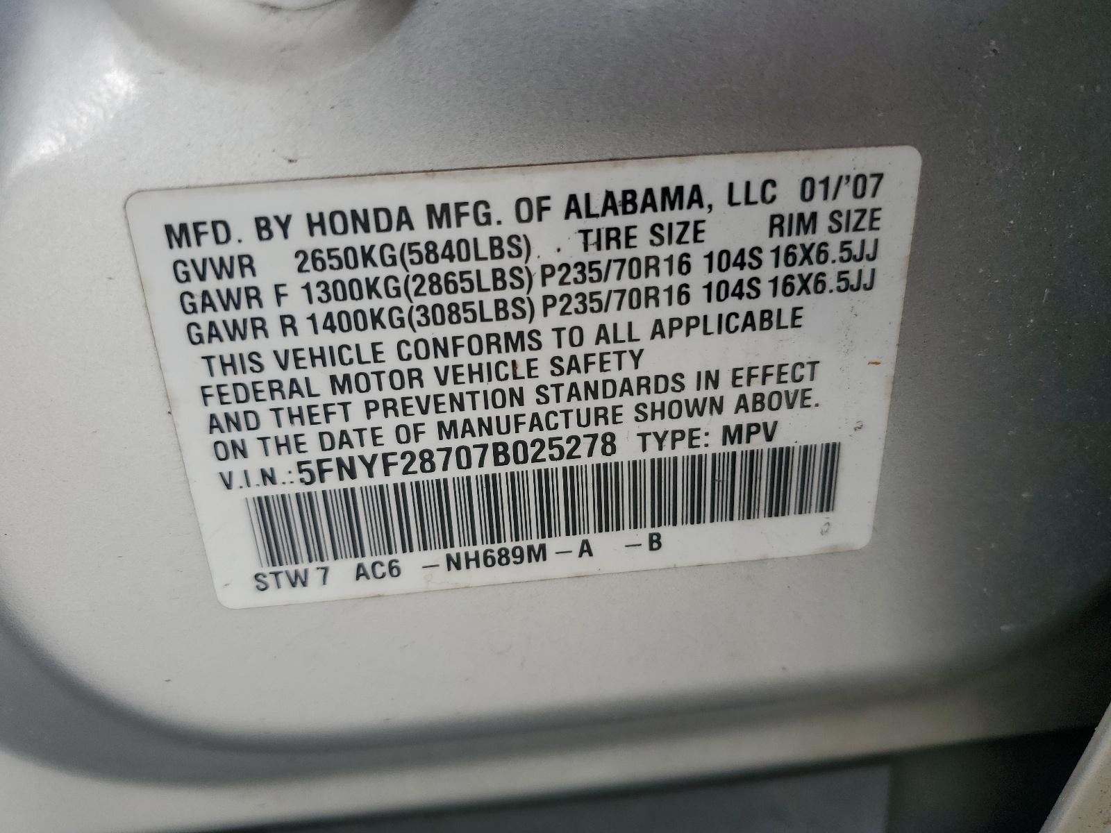 5FNYF28707B025278 2007 Honda Pilot Exl