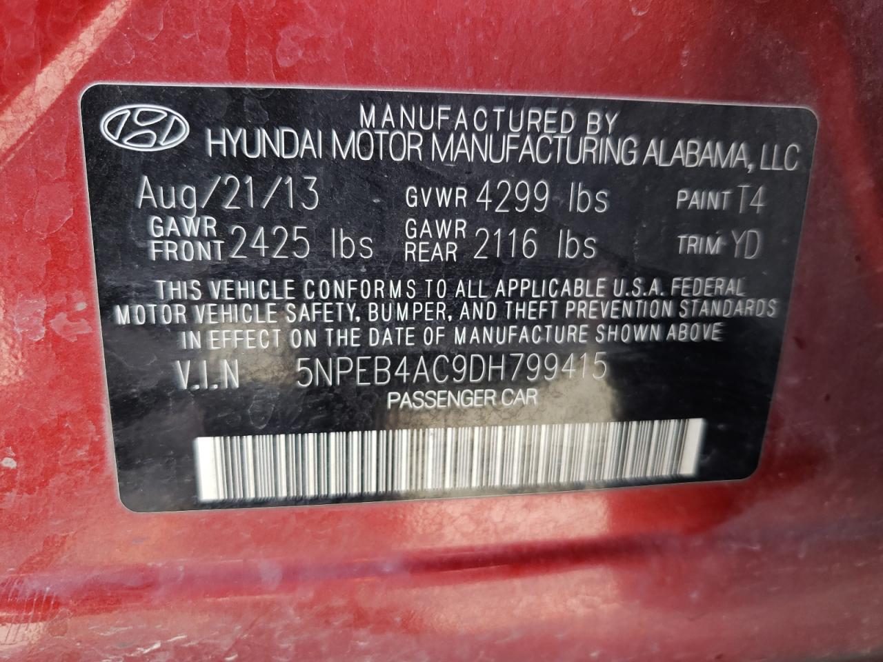 2013 Hyundai Sonata Gls VIN: 5NPEB4AC9DH799415 Lot: 64900434